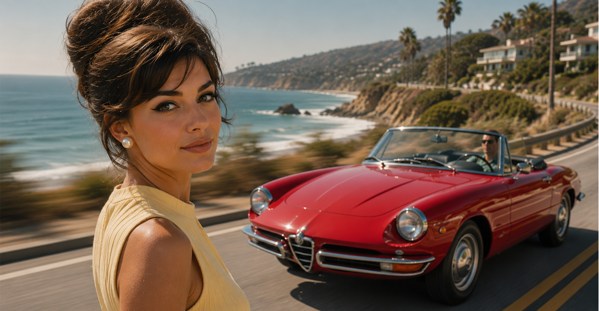 Woman posing beside a red 1966 Alfa Romeo Spider on a scenic coastal highway.