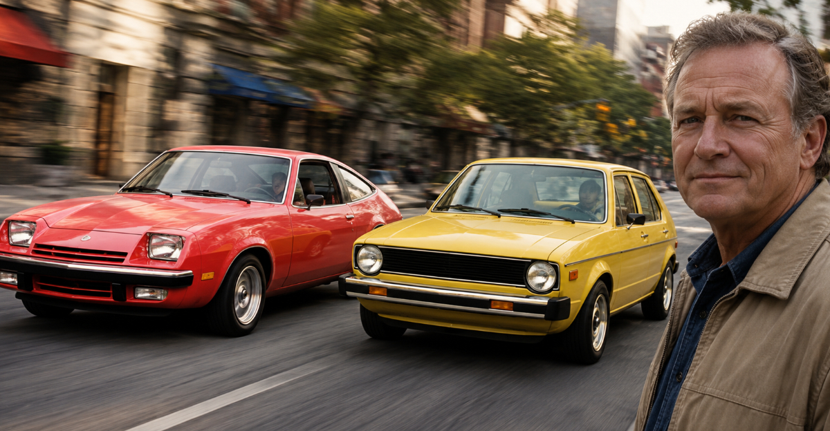 Chevrolet Monza 2+2, Volkswagen Rabbit, Man in foreground