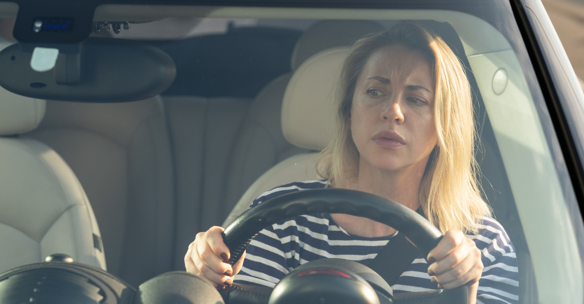 Scared woman driver worried looking at car accident on road through windshield. 