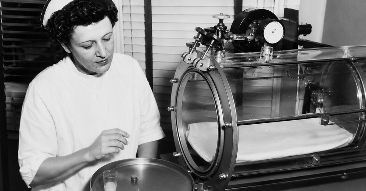 Nurse sitting next to a “mechanical mother”, a pressurized incubator, at Detroit's Art Centre Hospital in 1951, AI modified