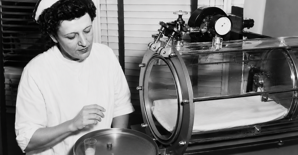 Nurse sitting next to a “mechanical mother”, a pressurized incubator, at Detroit's Art Centre Hospital in 1951, AI modified 
