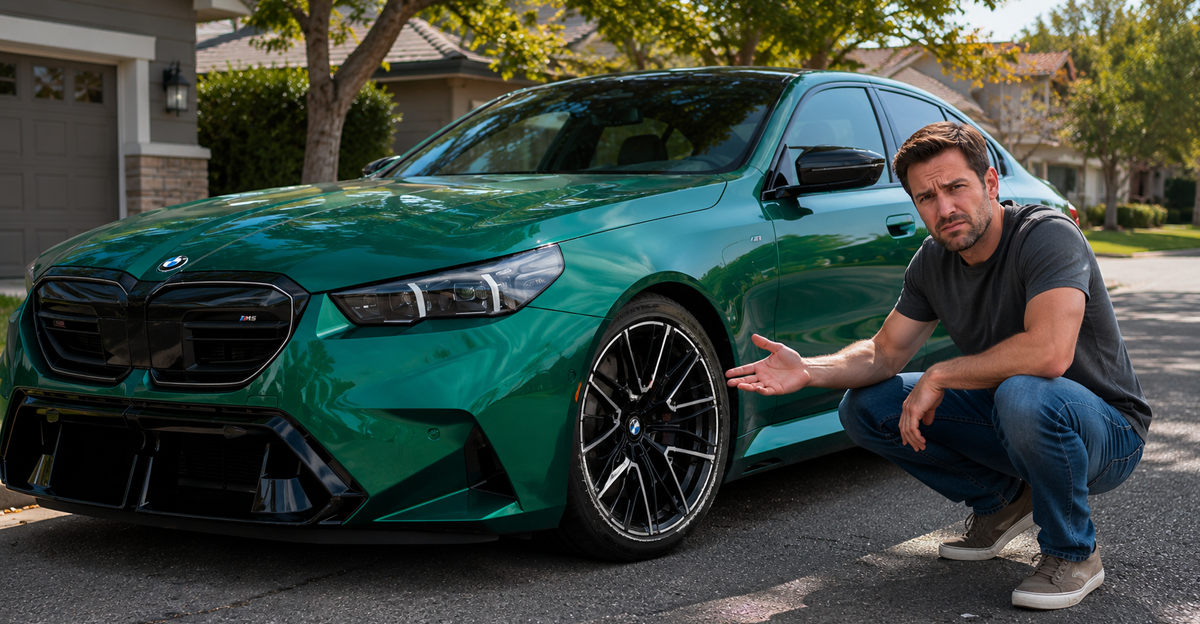 Frustrated man crouching beside a green BMW M5, pointing at its front tire
