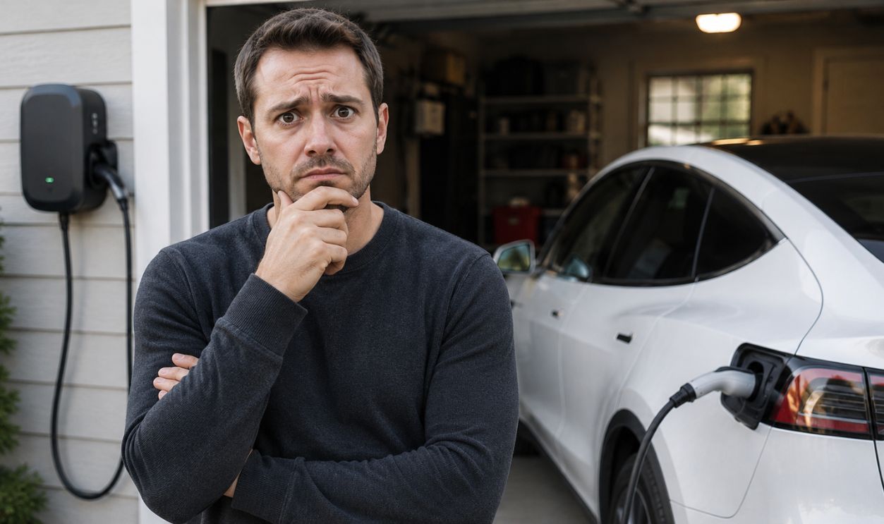 Man concerned in front of electric car