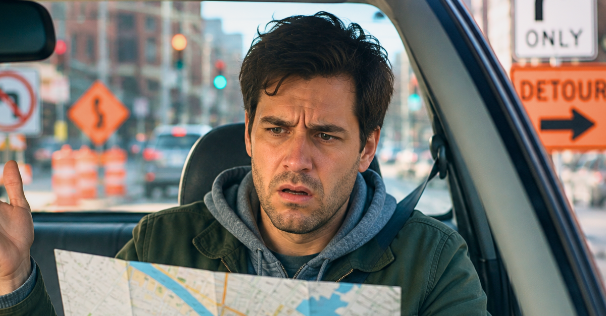 Frustrated driver navigating urban detour
