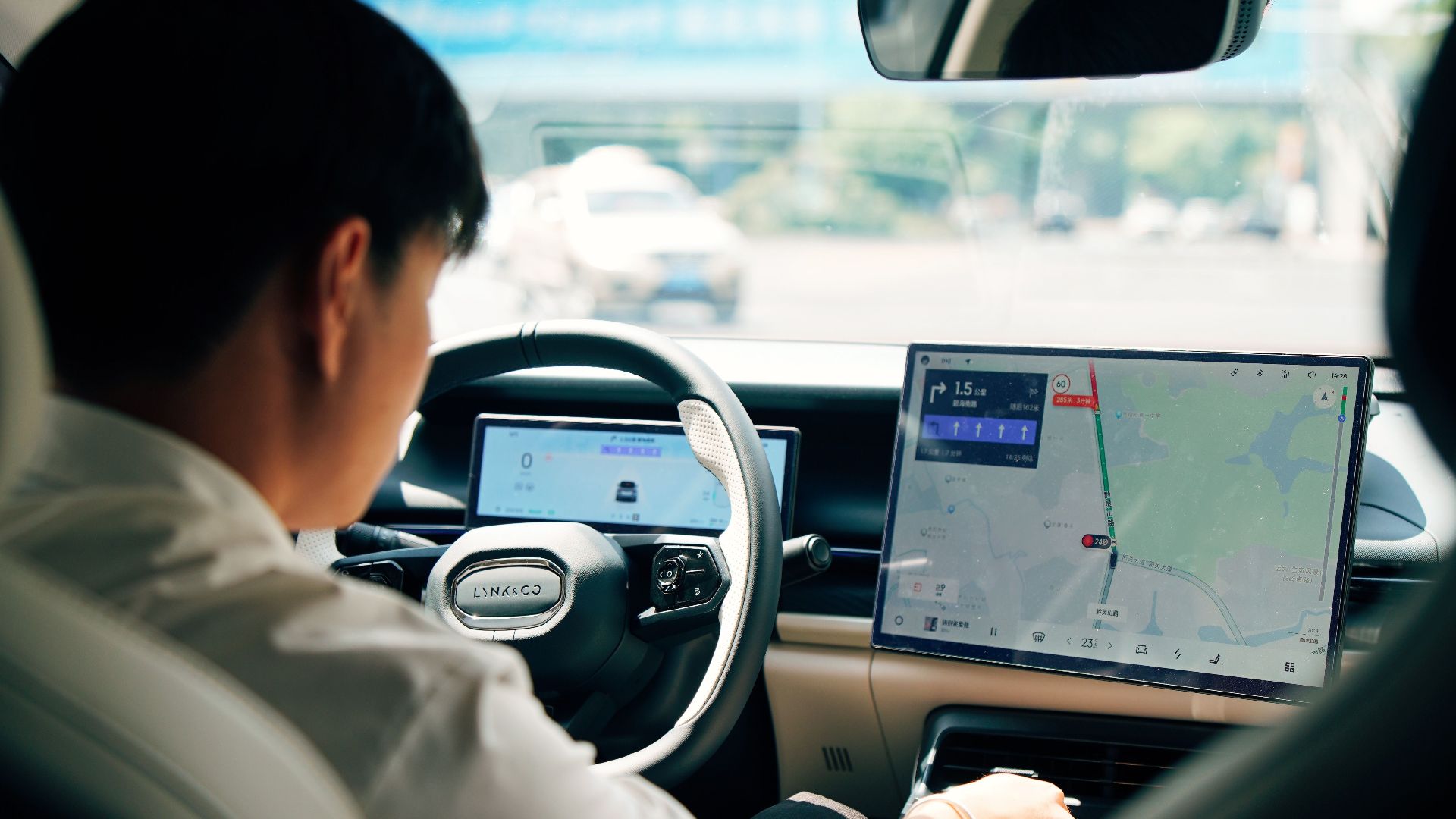 Driver using GPS in a modern car interior. Emphasis on technology and travel.