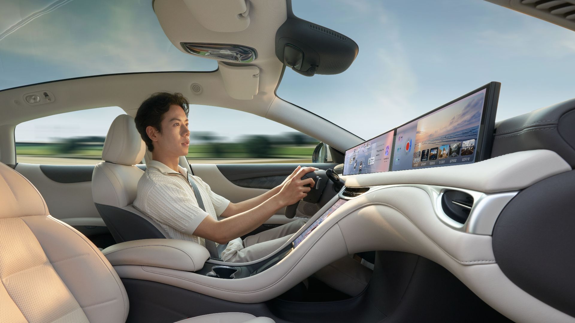 A modern electric car interior showcasing advanced technology with a driver enjoying a smooth ride.