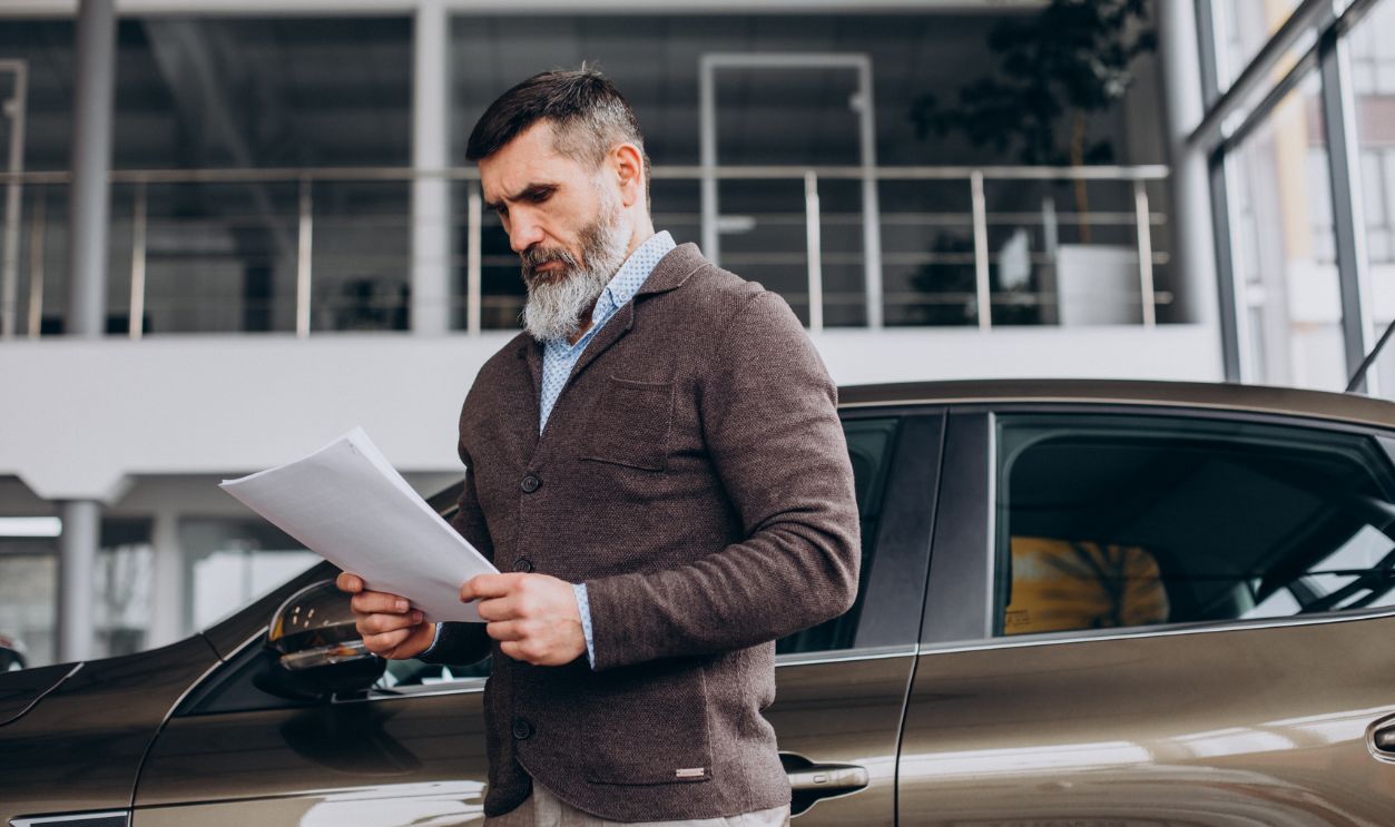 Handsome business man readi ng documents about car rent