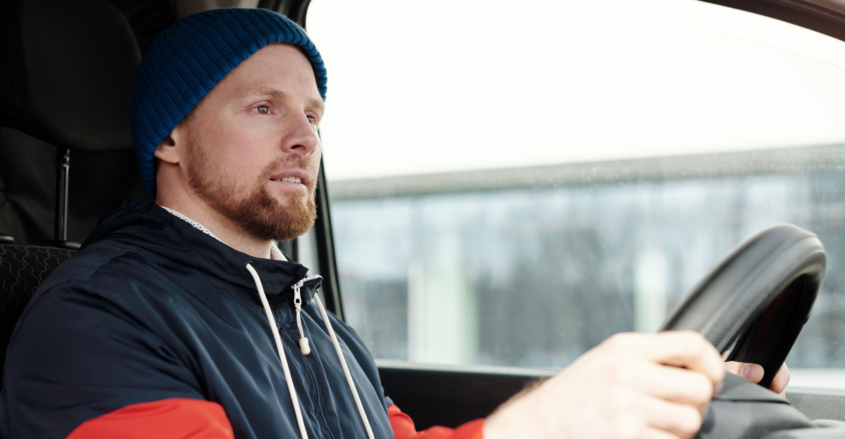 A bearded man wearing a hoodie and knitted cap driving a car, focused and attentive.