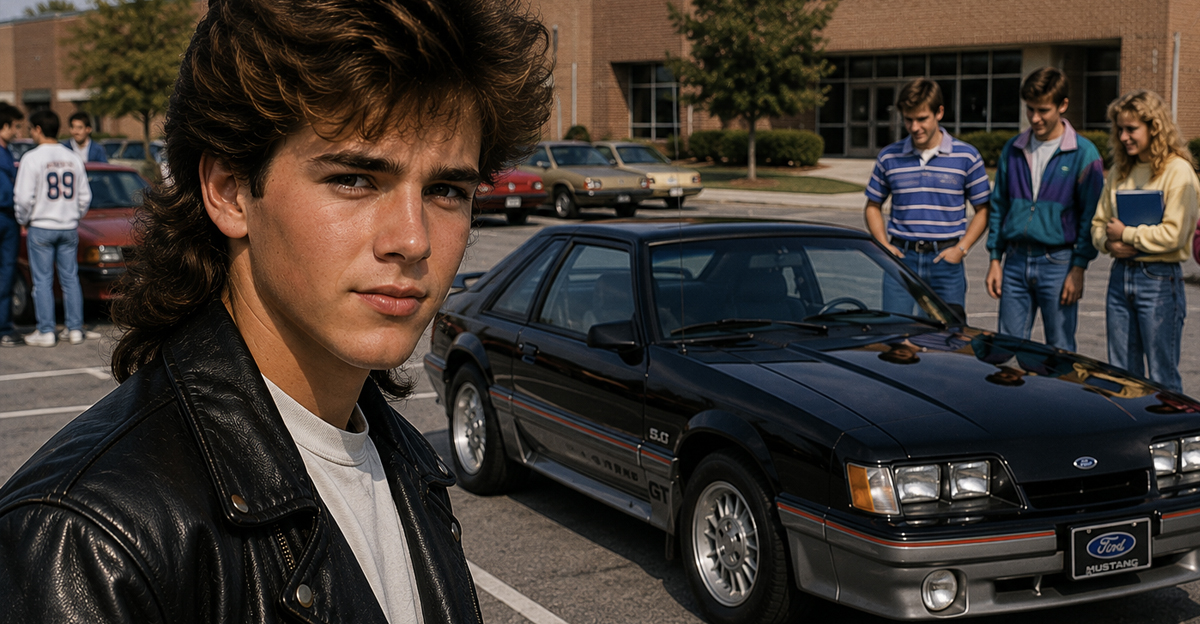 high school in the 1980s with his ford mustang