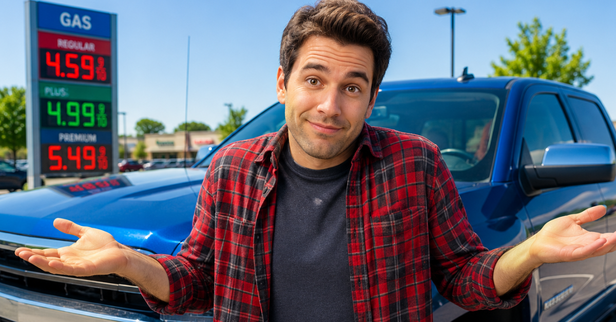 Man in front of a blue pickup truck