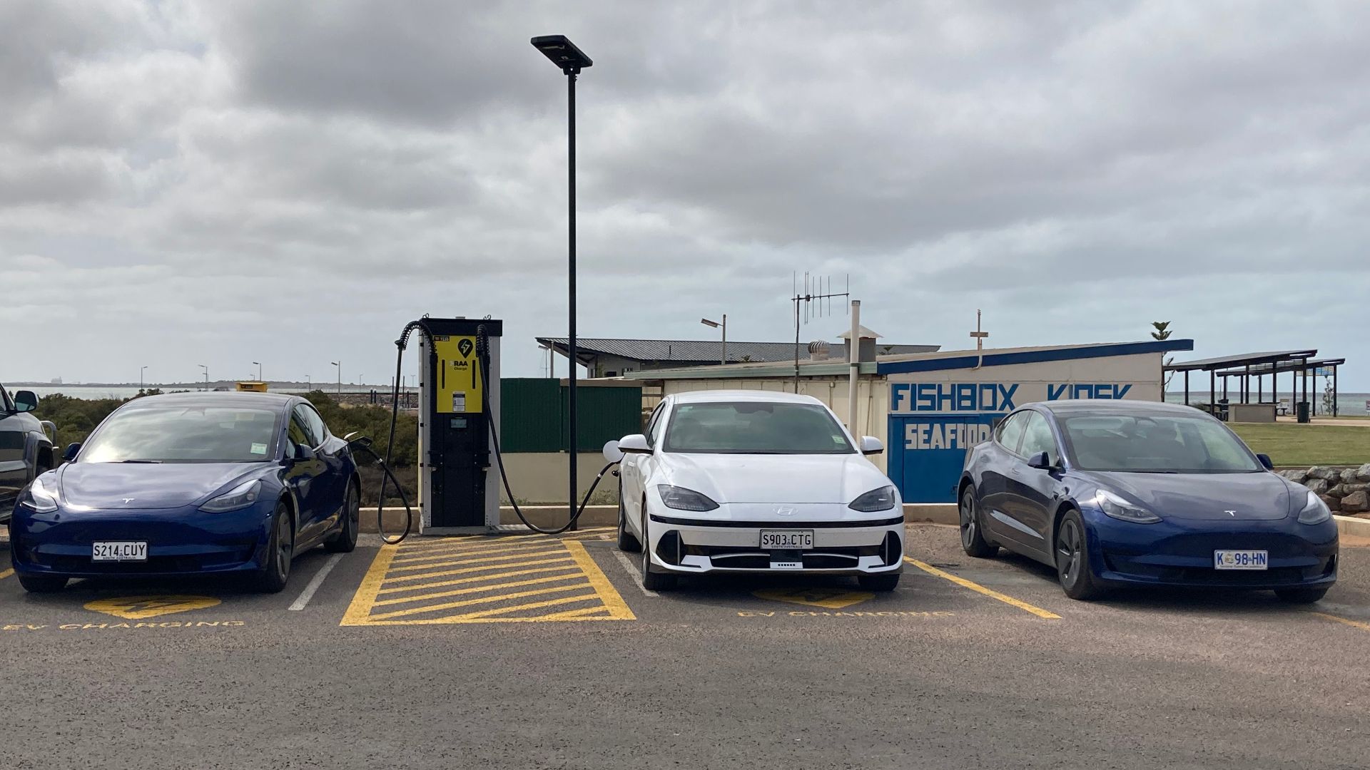 Electric cars at RAA EV charging station, Cowell, South Australia