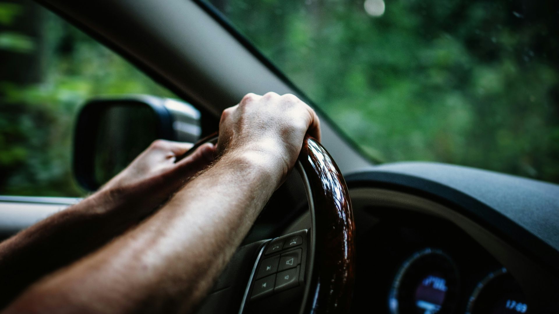 person holding car steering wheel