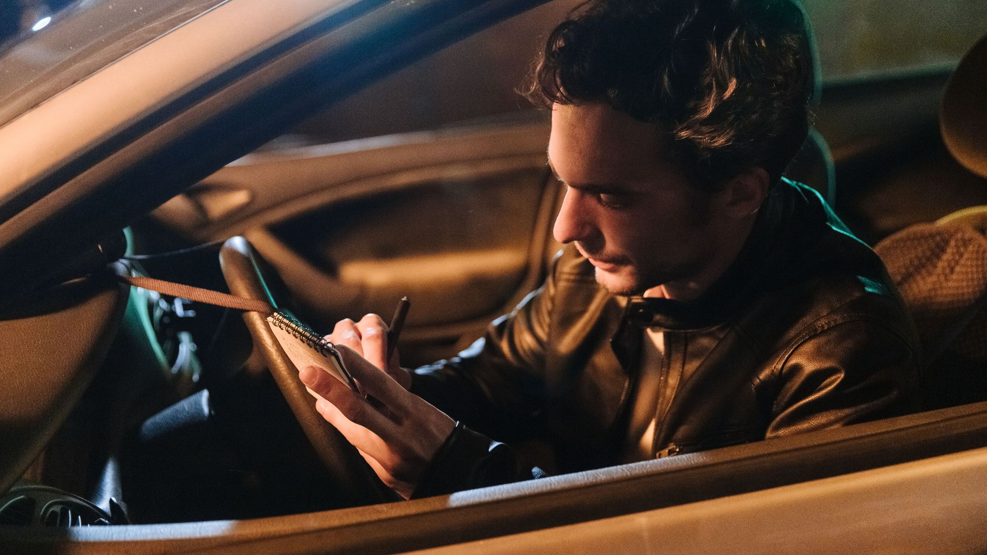 A man sitting in a car at night, writing notes in a notebook.