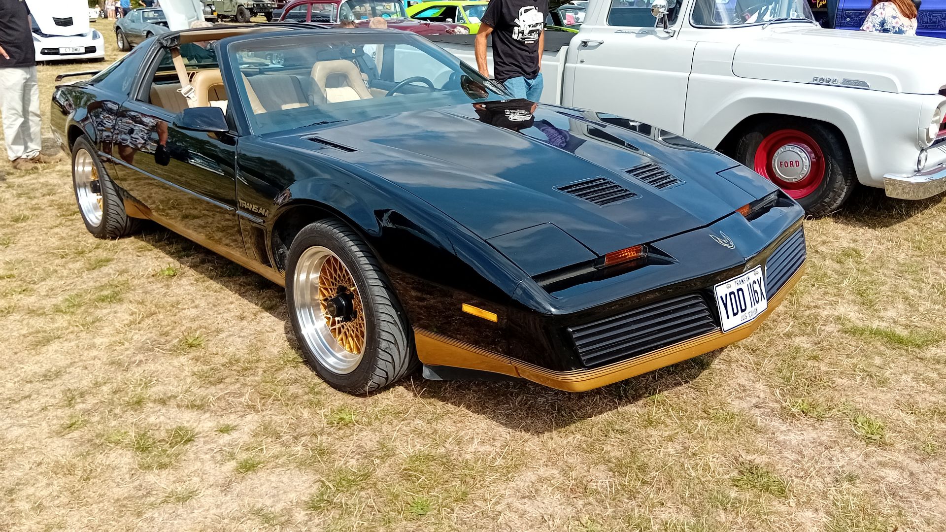 1982 Pontiac Firebird Trans-Am 305 targa top 305 cu in/5.0 litre Crossfire V8 engine, at the Bristol American Classic Car Show, Keynsham Rugby Club, Somerset, 24 August 2025.