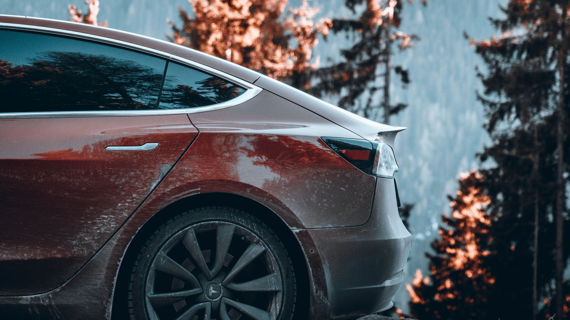 A red Tesla parked on a mountain road, framed by trees and a stunning sunset backdrop.