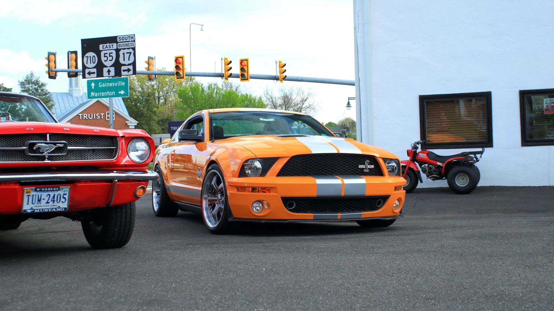 A vibrant display of classic and modern Mustangs showcased outdoors at an auto exhibition.