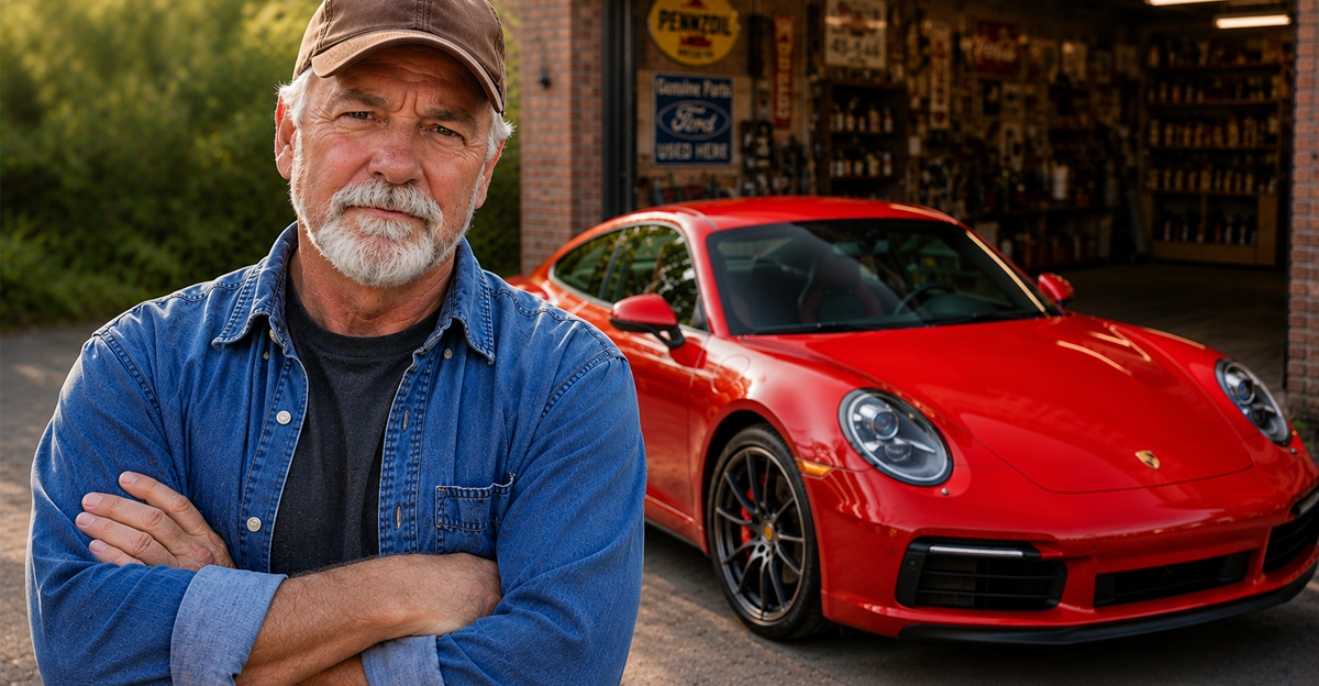 AI-generated image of an older man standing beside a red Porsche 911 outside a residential garage