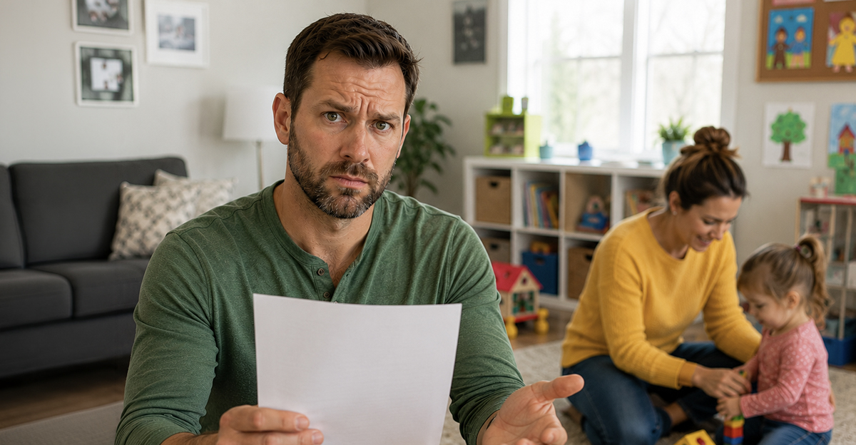 AI-generated image of parents worried about the rising cost of daycare.