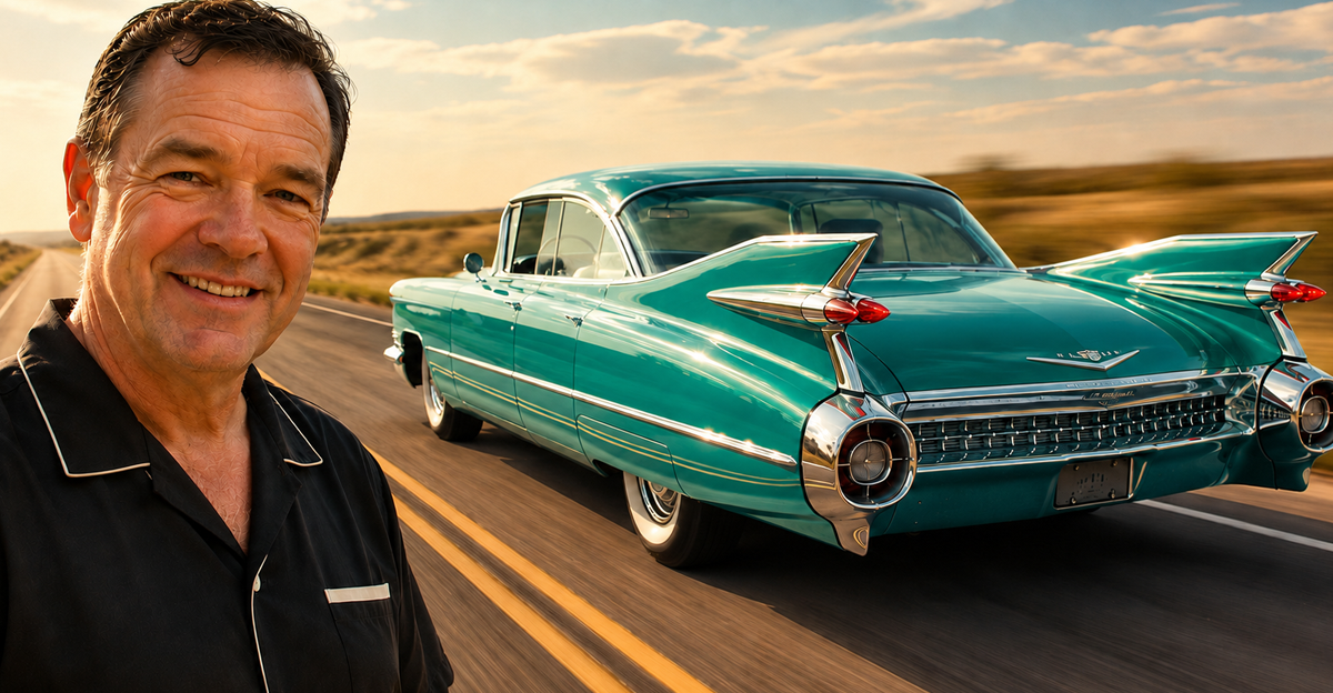 AI-generated image of a smiling man watches a teal 1959 Cadillac Eldorado cruise down an open highway