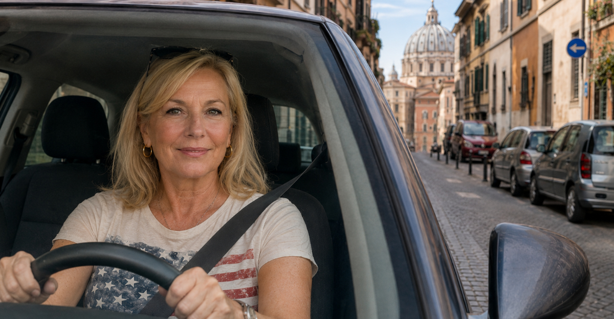 American Boomer woman driving in Europe