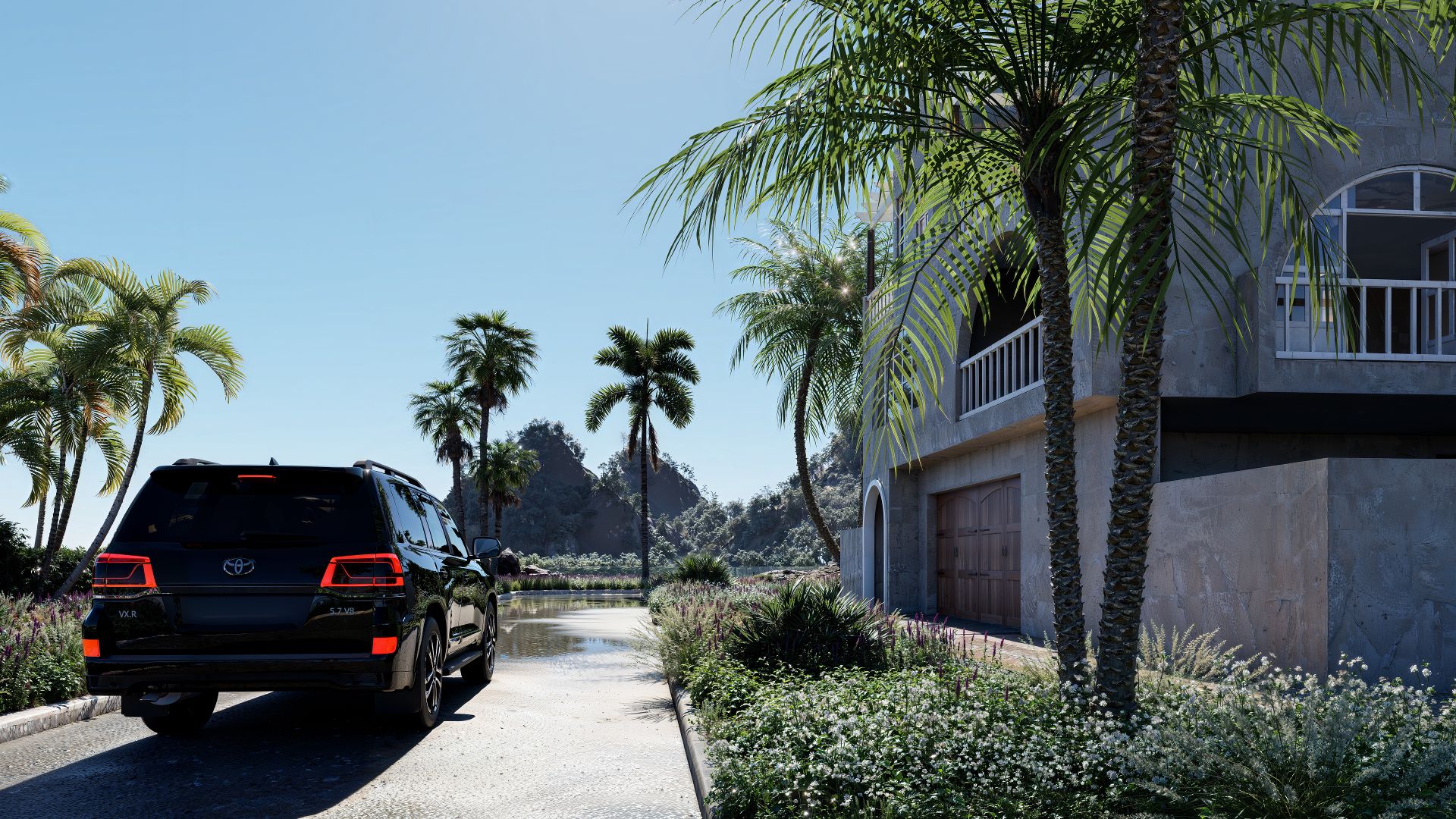 Luxury black SUV parked near a tropical villa with palm trees under a bright sunny sky.