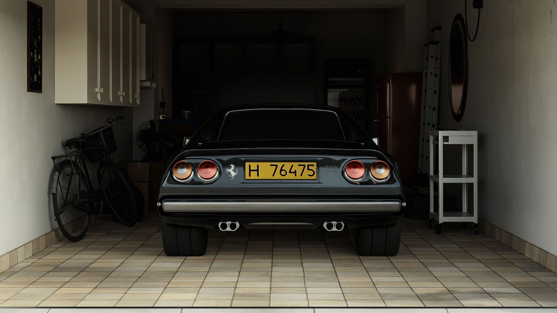 A classic car parked in an ivy-covered garage with a cobblestone driveway, exuding a retro charm.