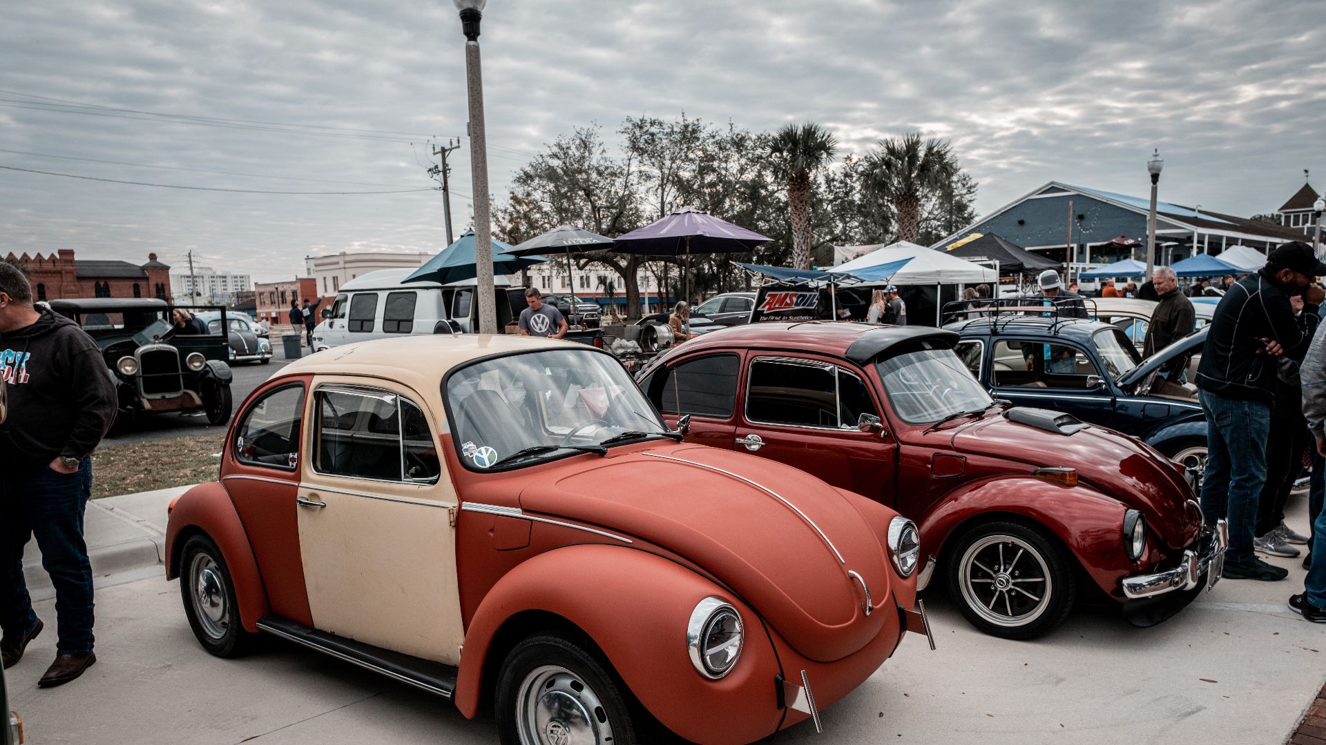 Vintage Volkswagen Beetles on display at an outdoor car show, showcasing classic automotive design.