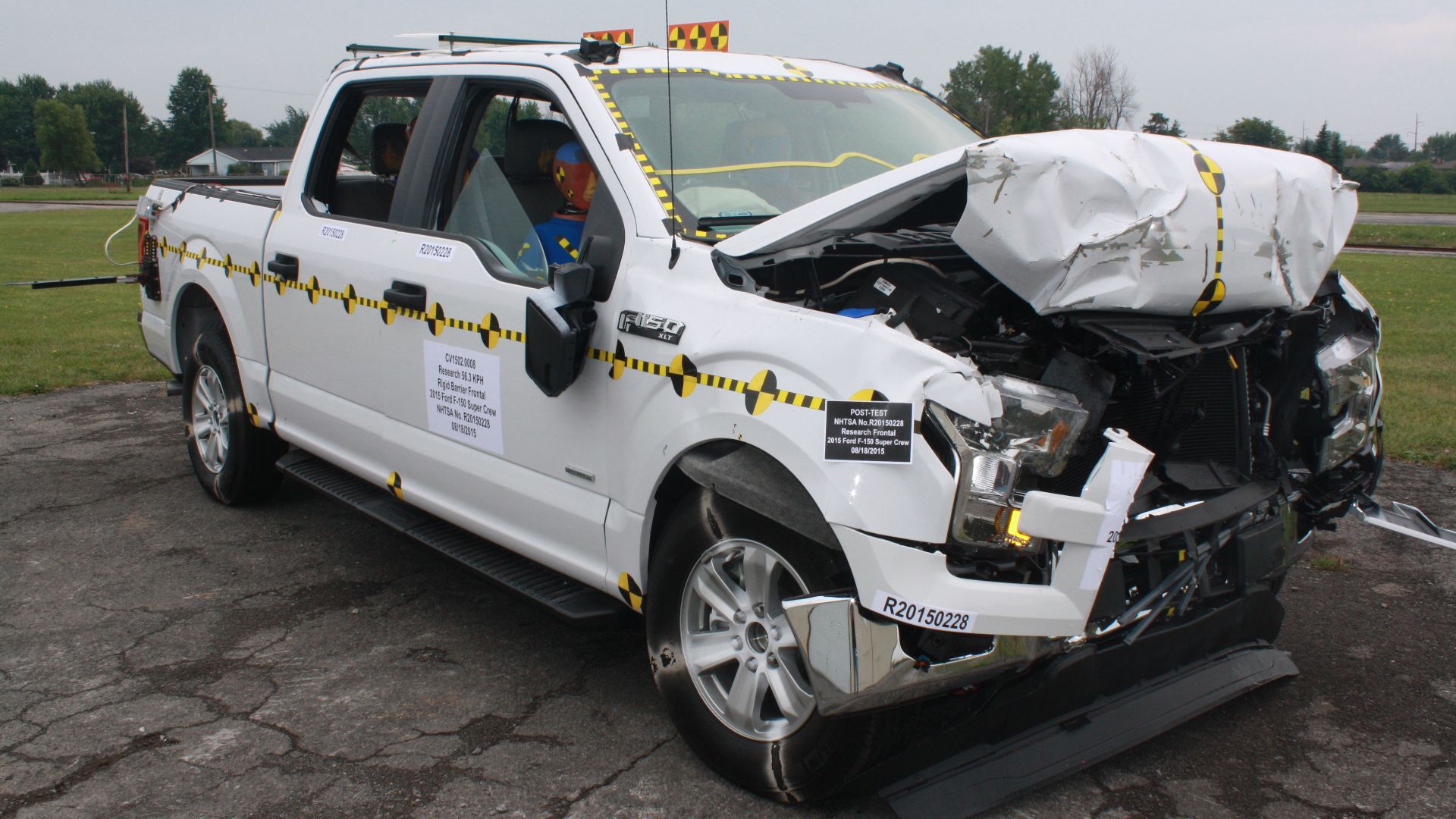 Frontal full-width crash test of a 2015 Ford F-150.