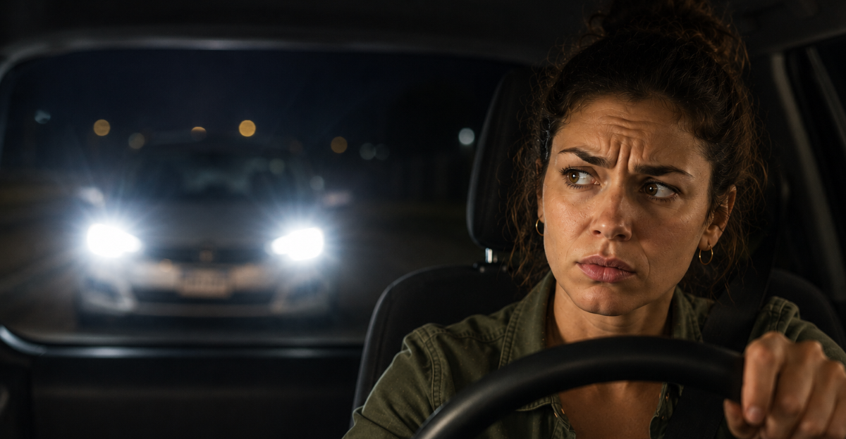 worried woman in car with headlights behind her