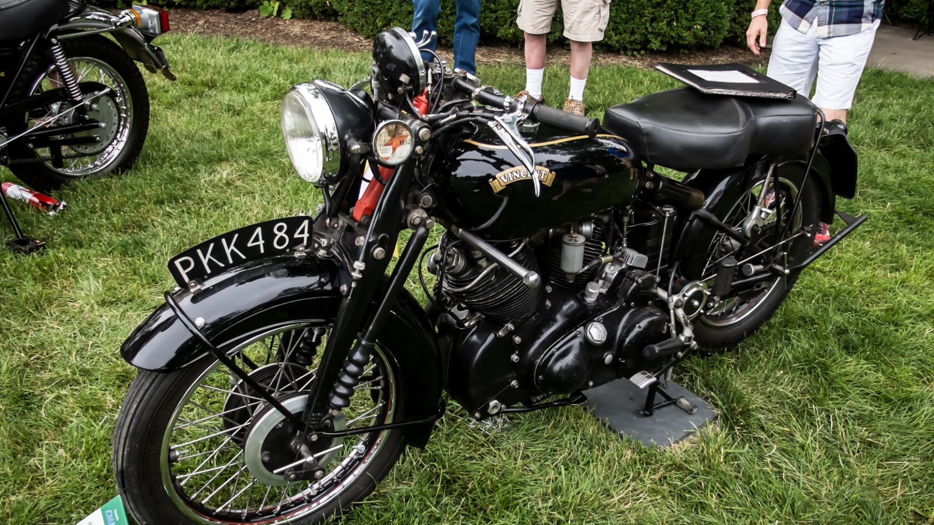 500px provided description: Extremely cool motorcycle.


Show card text:  * Robert F. Schneider, Miamiville, OH * Vincent built motorcycles in England, 1928-1955 * Total production 13,000 (1,350 Black Shadows) * Black Shadow - fastest production bike of i