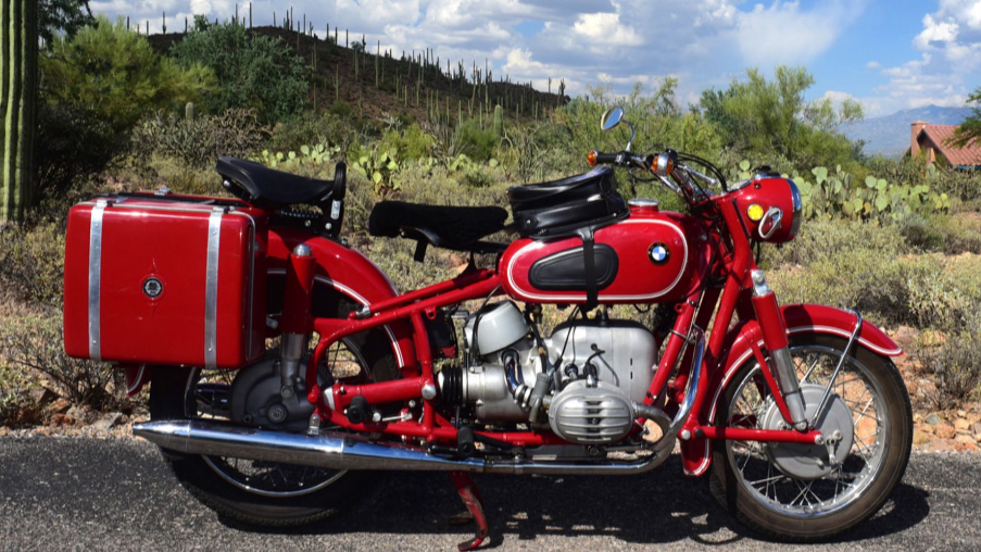 Photograph of a Granada red 1967 BMW R60/2 taken by Jeff Dean in Tucson, Arizona.