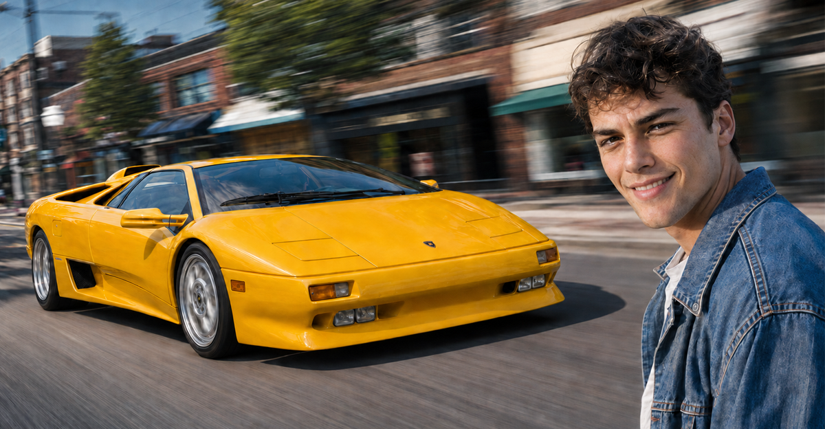 Yellow Lamborghini Diablo and a smiling young man in a denim jacket