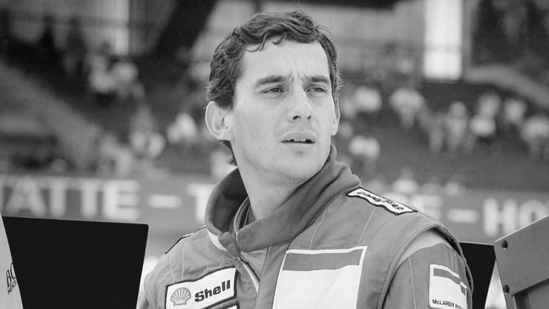 Ayrton Senna in the McLaren pit box