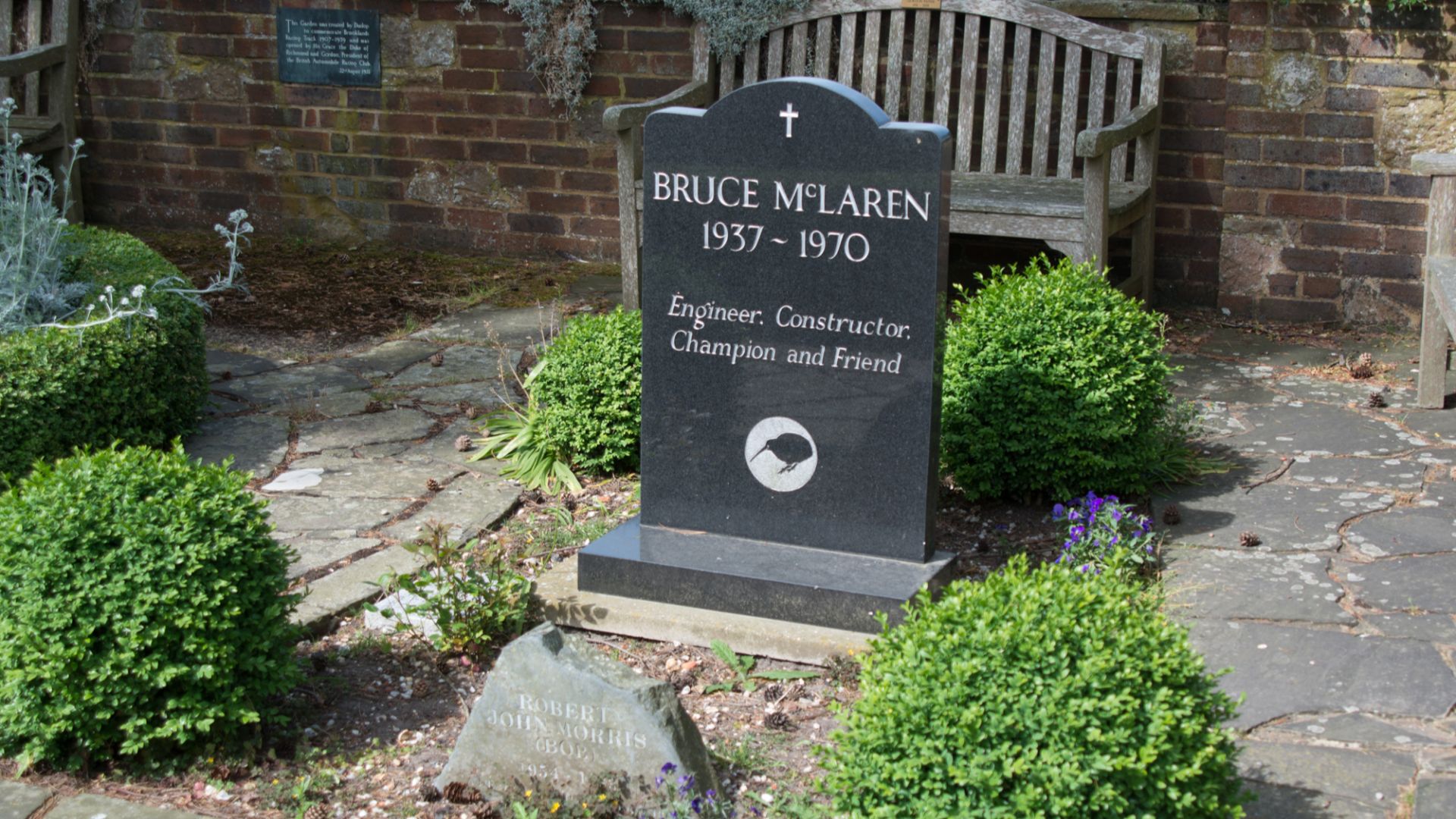 Memorial to Bruce McLaren at Goodwood, West Sussex. It looks like a headstone but his grave is in Auckland, New Zealand.