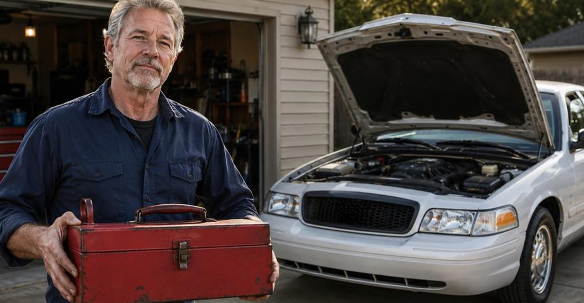 man witn toolbox in front of car in driveway