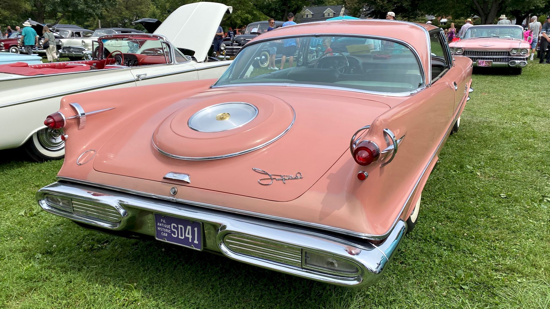 1957 Imperial two-door hardtop (no B pillar). Luxury car by Chrysler. This car is finished in pink. 
The pictures were taken at the 2021