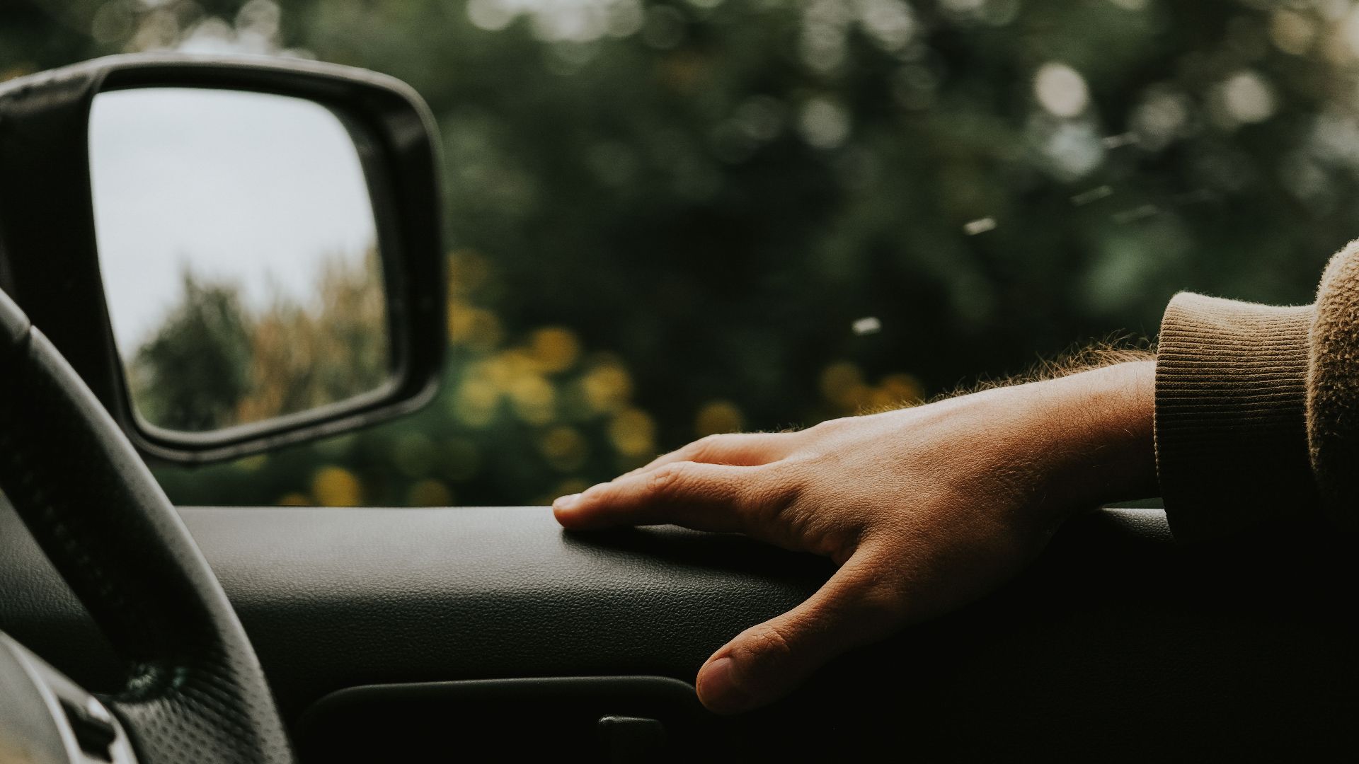 A serene view of a hand resting on a car door inside a parked vehicle surrounded by nature.