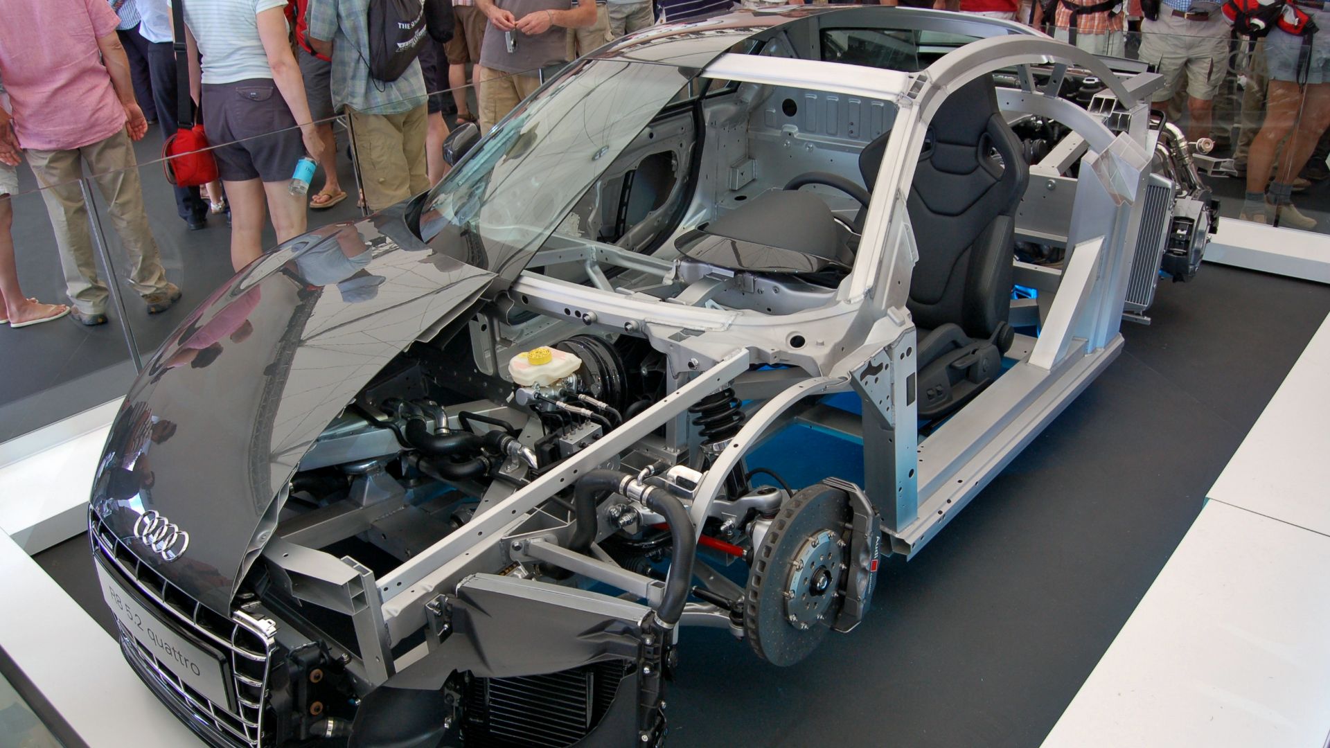 A 2009 Audi R8 5.2 quattro cutaway, on display at the Goodwood Festival of Speed
