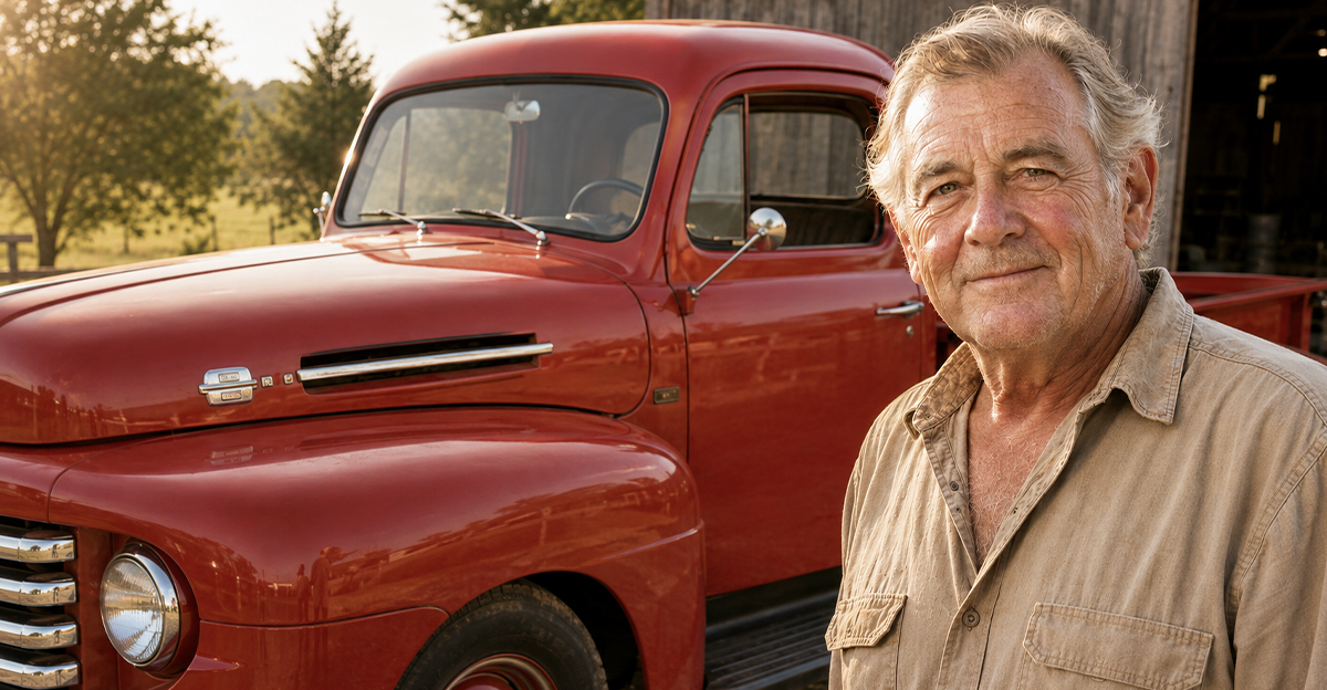Older man with a classic red pickup truck