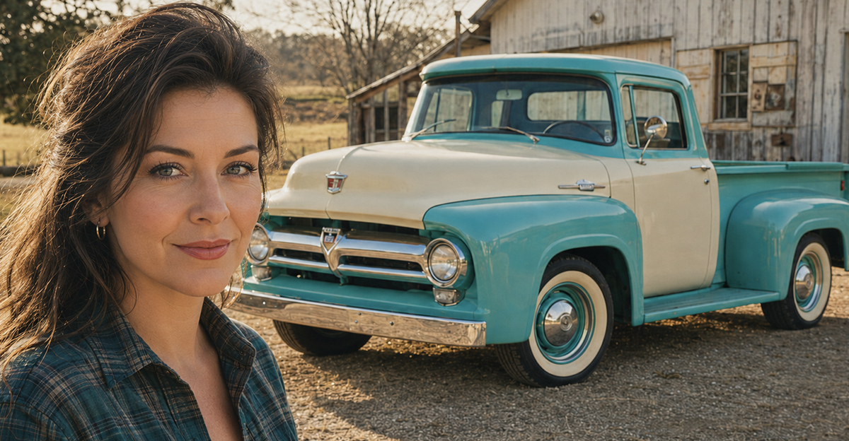 Brunette woman with a classic truck