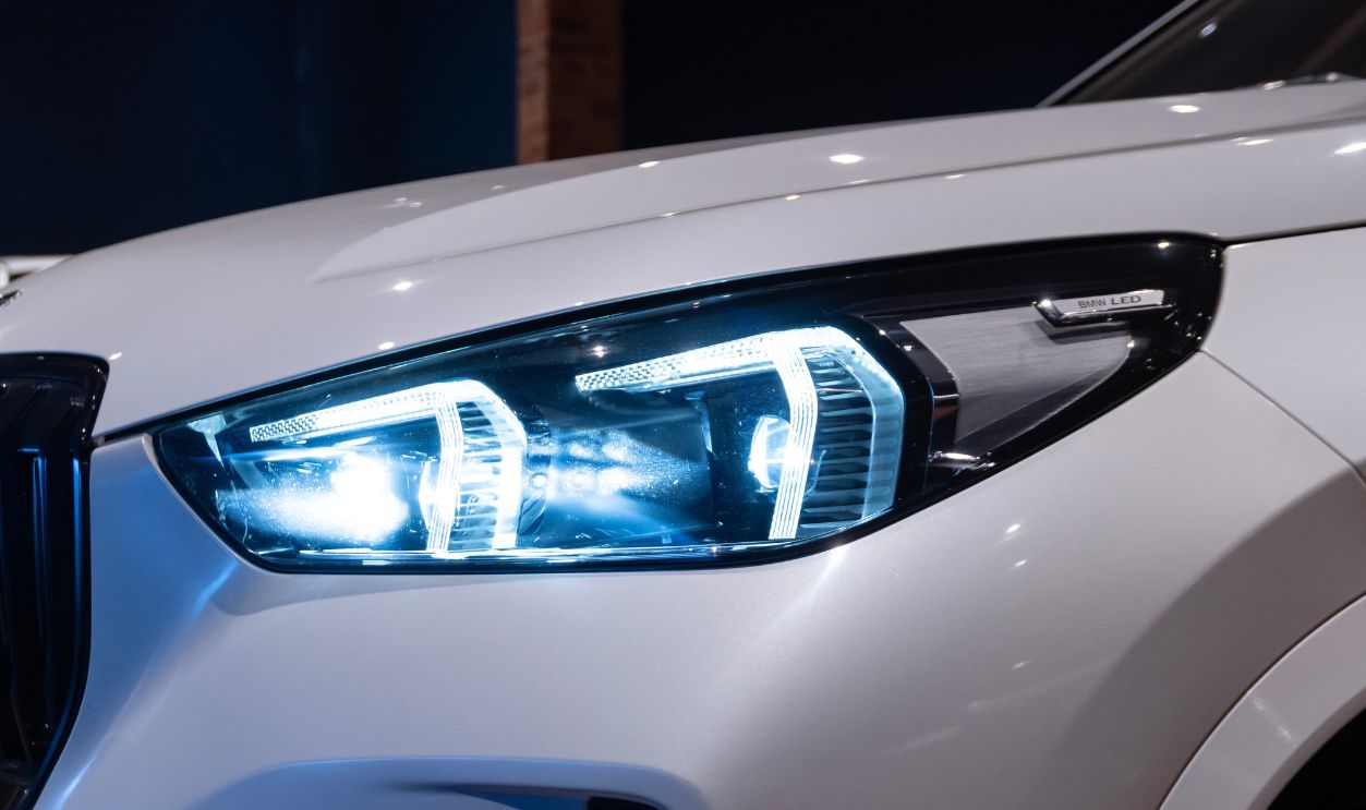 Minas Gerais, Brazil - 20 09 2025: BMW X1 adaptive LED headlight, white luxury SUV front end detail