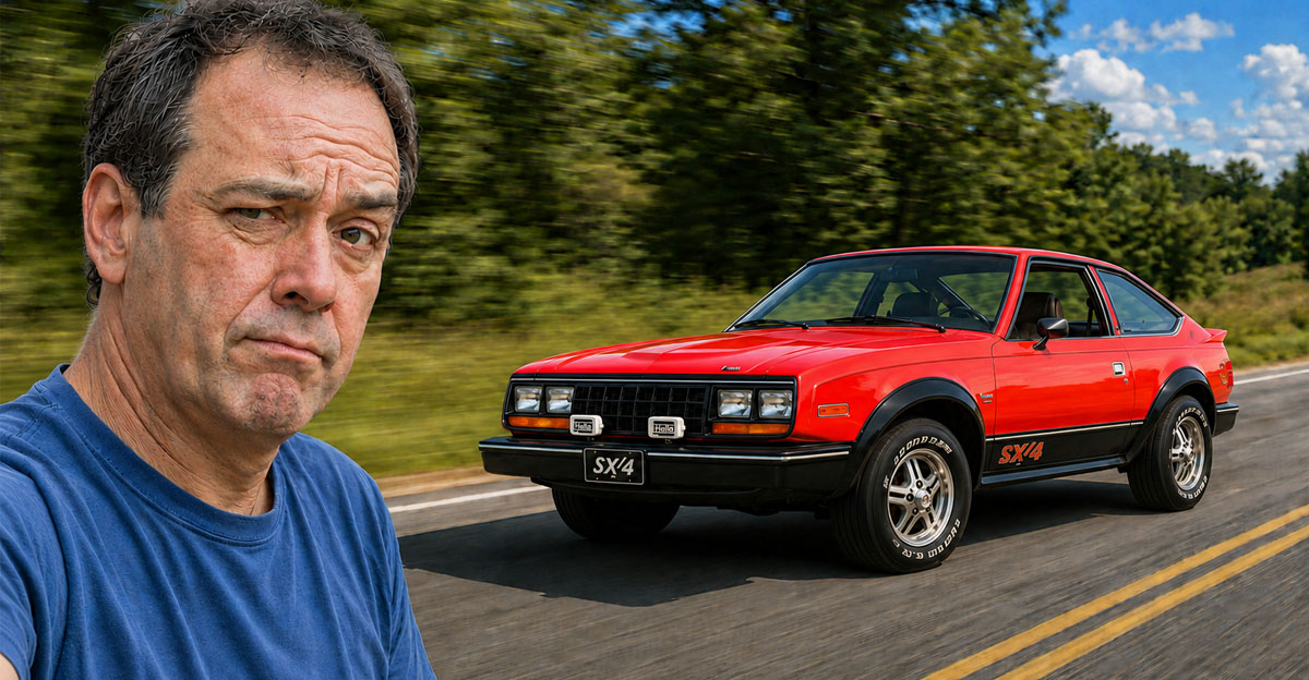 AI-generated image of a red AMC Eagle and a man looking skeptical 