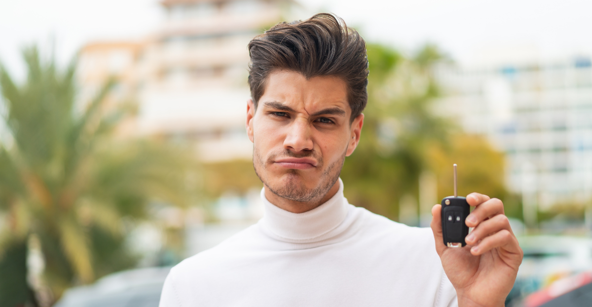 Young caucasian man holding car keys at outdoors with sad expression