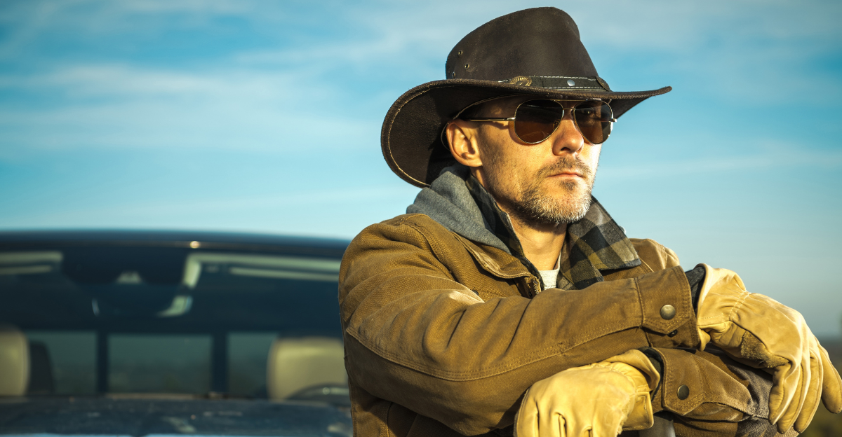 Caucasian Rancher Wearing Cowboy Hat and Sunglasses Staying in Front of His Pickup Truck. American Farmer Theme.