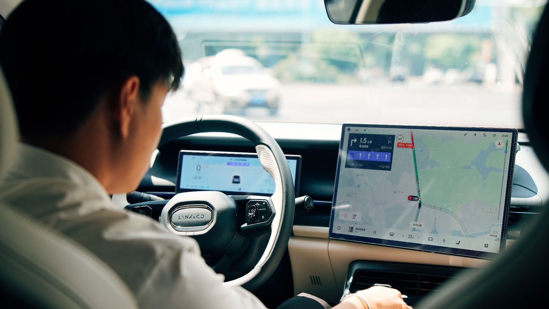 Driver using GPS in a modern car interior. Emphasis on technology and travel.