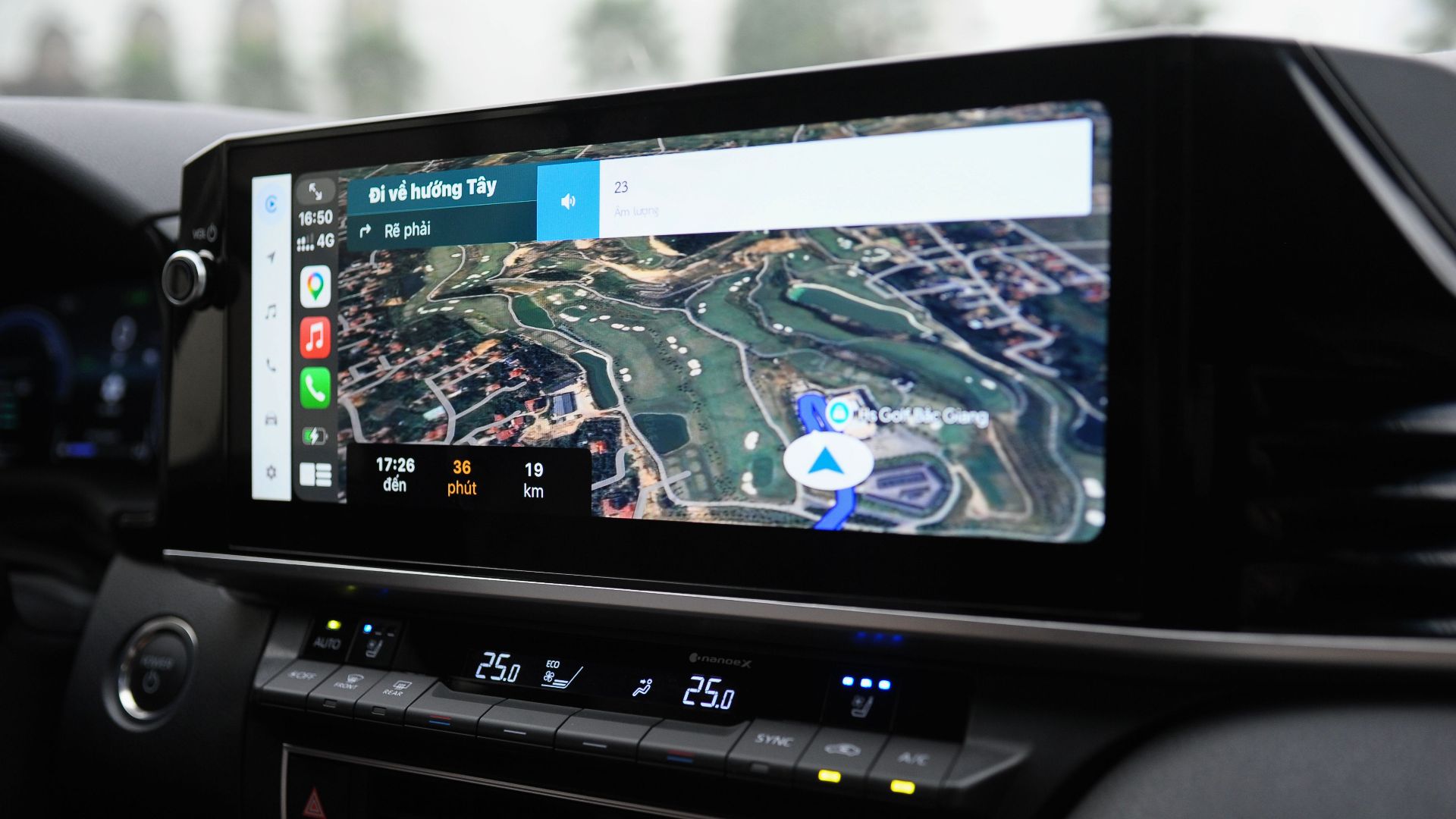 Modern in-car navigation system showing a digital map and route details.