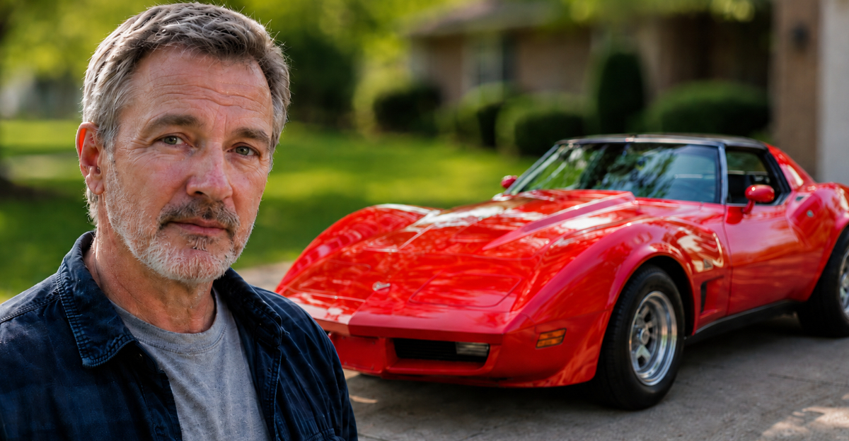 1978 red corvette, man in foreground looking at camera