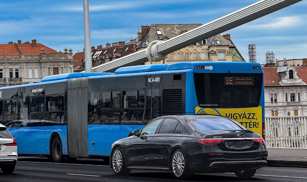 Budapest, Hungary - May 4th 2025: Focus on a new, black Mercedes-AMG S 63 E-Performance driving on a bridge in Budapest. 