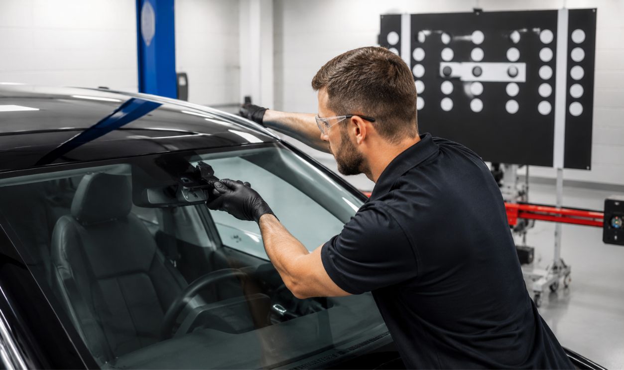 Technician calibrating car sensor system