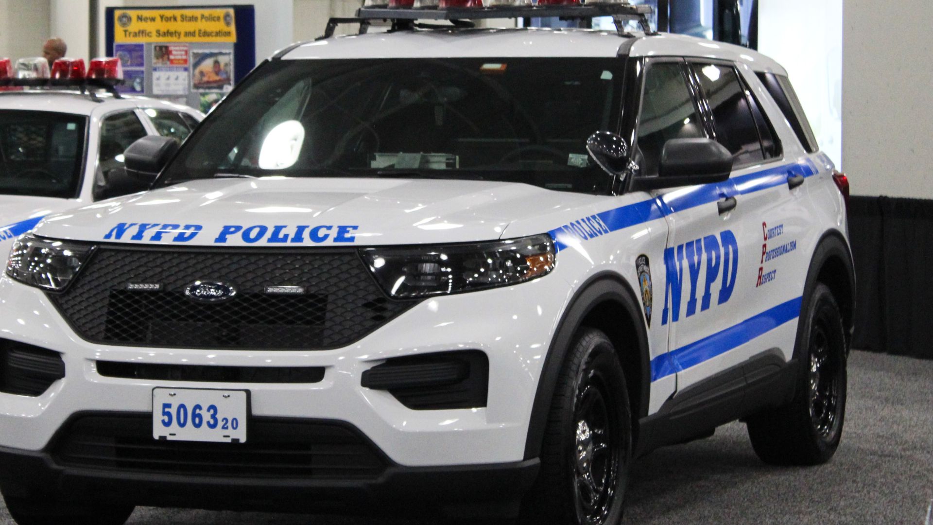 A NYPD 2020 Ford Explorer Police Interceptor Utility photographed during the 2022 New York International Auto Show, inside the Javits Convention Center, at Hudson Yards, Manhattan, New York.